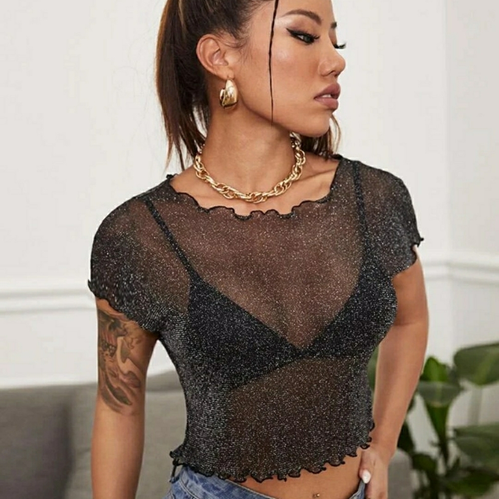 Shein sheer crop top with silver sparkles size  S